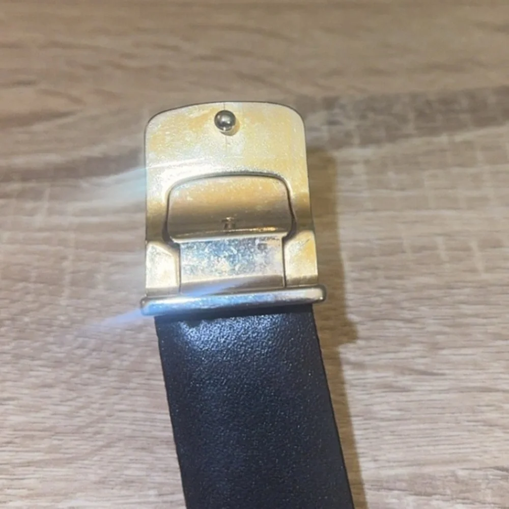 YSL Yves Saint Laurent Brass Buckle Vintage Black Leather‎ Belt 41”